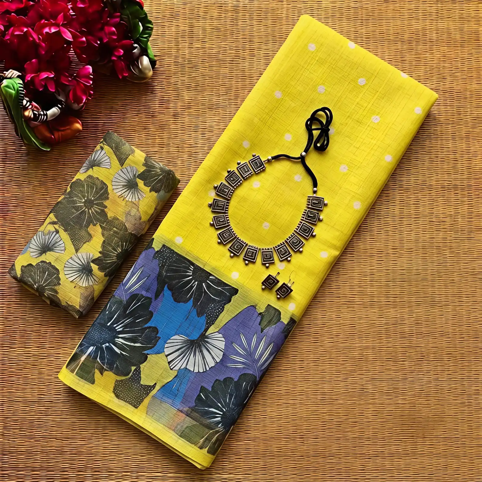 Linen Floral Contrast Pallu Saree
